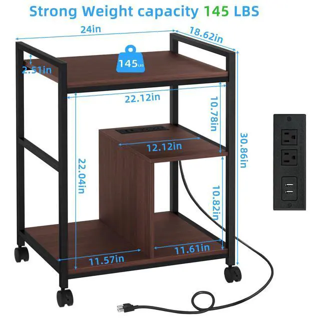 Alt view image 2 of 7 - 24" Wide Large Printer Stand with Storage, Printer Table for Home Office with Charging Station, Rolling Industrial Mobile Printer Cart with Lockable Wheels, Computer Tower Stand, Walnut