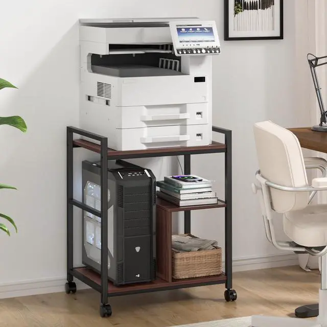 Alt view image 7 of 7 - 24" Wide Large Printer Stand with Storage, Printer Table for Home Office with Charging Station, Rolling Industrial Mobile Printer Cart with Lockable Wheels, Computer Tower Stand, Walnut