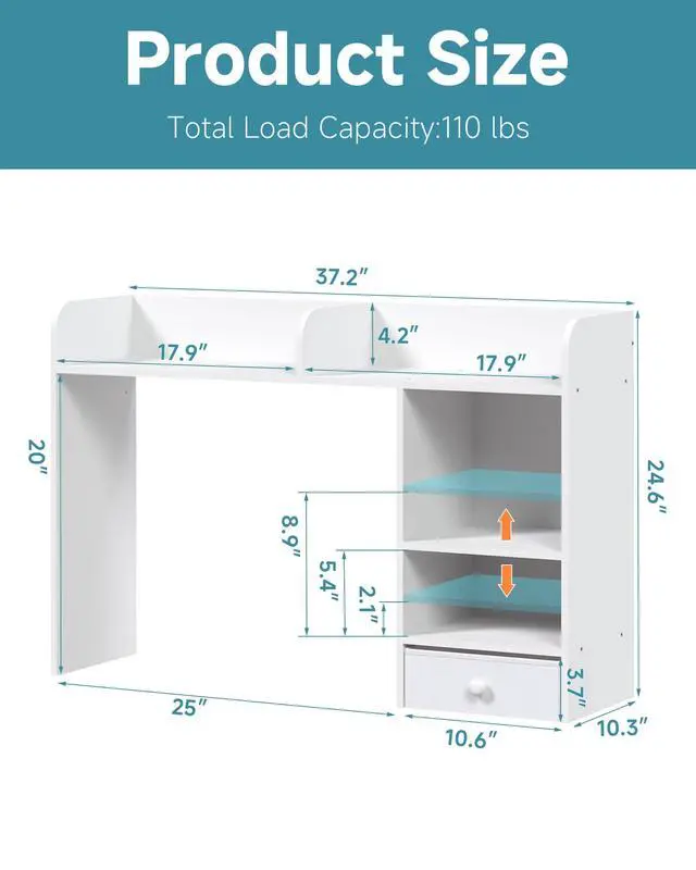 Alt view image 2 of 7 - Desktop Bookshelf with Drawer, Desk Hutch with 4 Storage Shelves for Computer Desk, Desk Shelf for Home Office Dorm, Dressing Tabletop, Bar Countertop, White