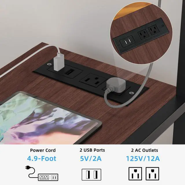 Alt view image 6 of 7 - 24" Wide Large Printer Stand with Storage, Printer Table for Home Office with Charging Station, Rolling Industrial Mobile Printer Cart with Lockable Wheels, Computer Tower Stand, Walnut