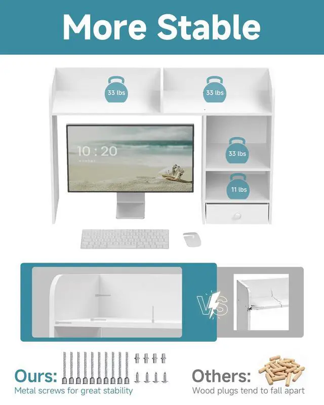Alt view image 4 of 7 - Desktop Bookshelf with Drawer, Desk Hutch with 4 Storage Shelves for Computer Desk, Desk Shelf for Home Office Dorm, Dressing Tabletop, Bar Countertop, White