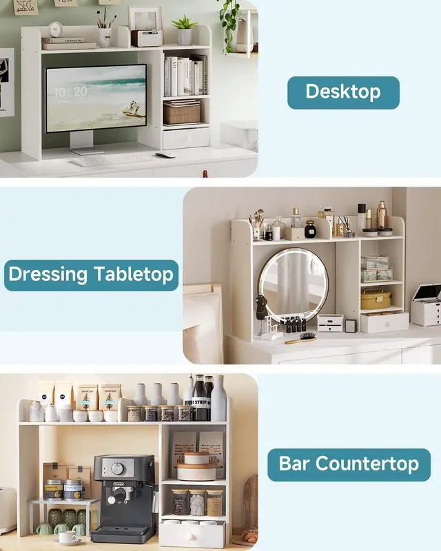 Alt view image 7 of 7 - Desktop Bookshelf with Drawer, Desk Hutch with 4 Storage Shelves for Computer Desk, Desk Shelf for Home Office Dorm, Dressing Tabletop, Bar Countertop, White