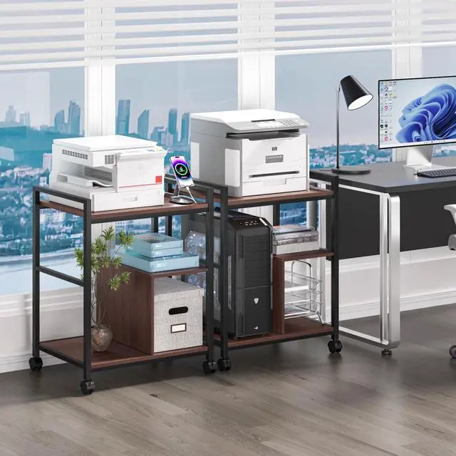 Alt view image 5 of 7 - 24" Wide Large Printer Stand with Storage, Printer Table for Home Office with Charging Station, Rolling Industrial Mobile Printer Cart with Lockable Wheels, Computer Tower Stand, Walnut