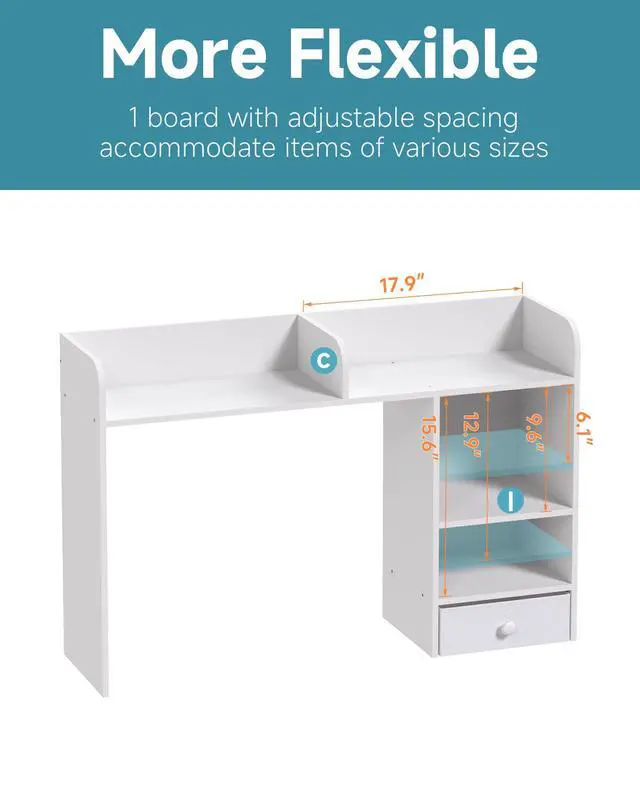 Alt view image 5 of 7 - Desktop Bookshelf with Drawer, Desk Hutch with 4 Storage Shelves for Computer Desk, Desk Shelf for Home Office Dorm, Dressing Tabletop, Bar Countertop, White