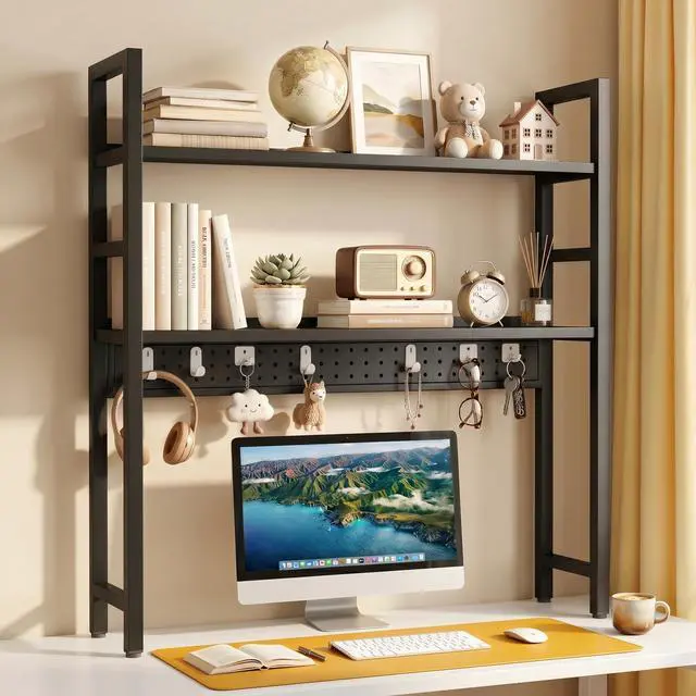 Main image of 2-Tier Desk Shelf, Desk Hutch Bookshelf with Pegboard and Hook Dorm | 30" W, Desktop Bookcase for Computer Monitor, Metal Desktop Hutch, Storage Organizer for Office, Black
