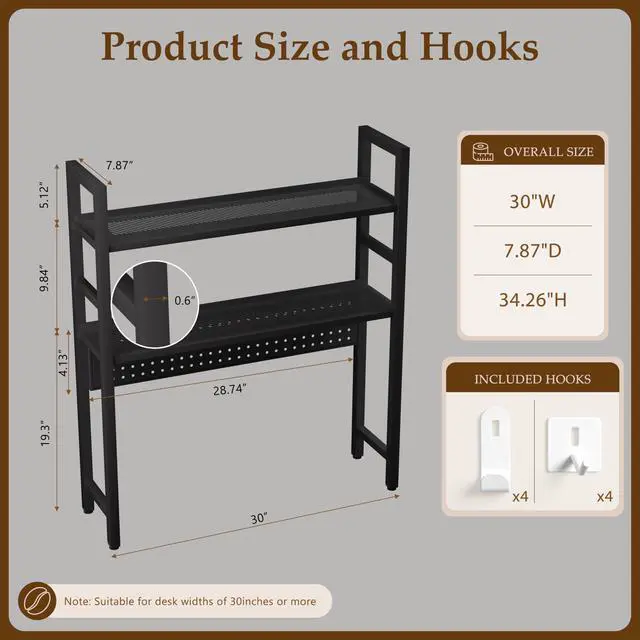 Alt view image 2 of 7 - 2-Tier Desk Shelf, Desk Hutch Bookshelf with Pegboard and Hook Dorm | 30" W, Desktop Bookcase for Computer Monitor, Metal Desktop Hutch, Storage Organizer for Office, Black