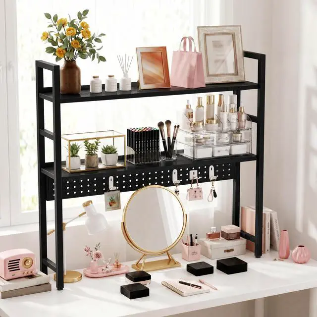Alt view image 3 of 7 - 2-Tier Desk Shelf, Desk Hutch Bookshelf with Pegboard and Hook Dorm | 30" W, Desktop Bookcase for Computer Monitor, Metal Desktop Hutch, Storage Organizer for Office, Black