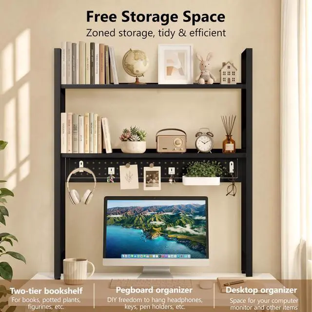 Alt view image 5 of 7 - 2-Tier Desk Shelf, Desk Hutch Bookshelf with Pegboard and Hook Dorm | 30" W, Desktop Bookcase for Computer Monitor, Metal Desktop Hutch, Storage Organizer for Office, Black