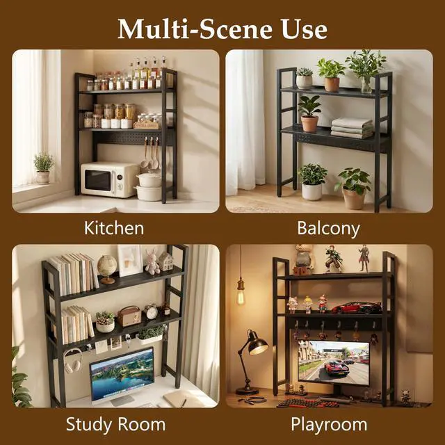 Alt view image 7 of 7 - 2-Tier Desk Shelf, Desk Hutch Bookshelf with Pegboard and Hook Dorm | 30" W, Desktop Bookcase for Computer Monitor, Metal Desktop Hutch, Storage Organizer for Office, Black