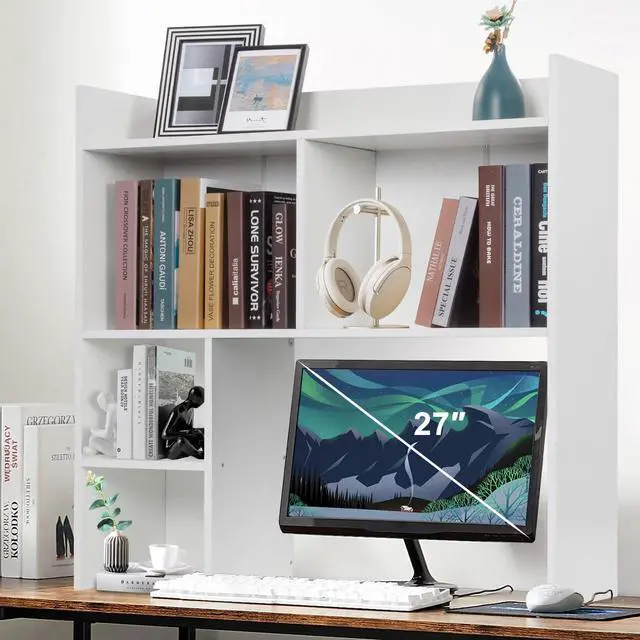 Main image of Desktop Bookshelf 36" Tall, White Desk Hutch for Dorm Computer Desk, 4-Tire Wood Desk Shelf Storage Organizer for Office Home