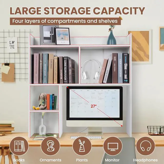 Alt view image 3 of 6 - Desktop Bookshelf 36" Tall, White Desk Hutch for Dorm Computer Desk, 4-Tire Wood Desk Shelf Storage Organizer for Office Home