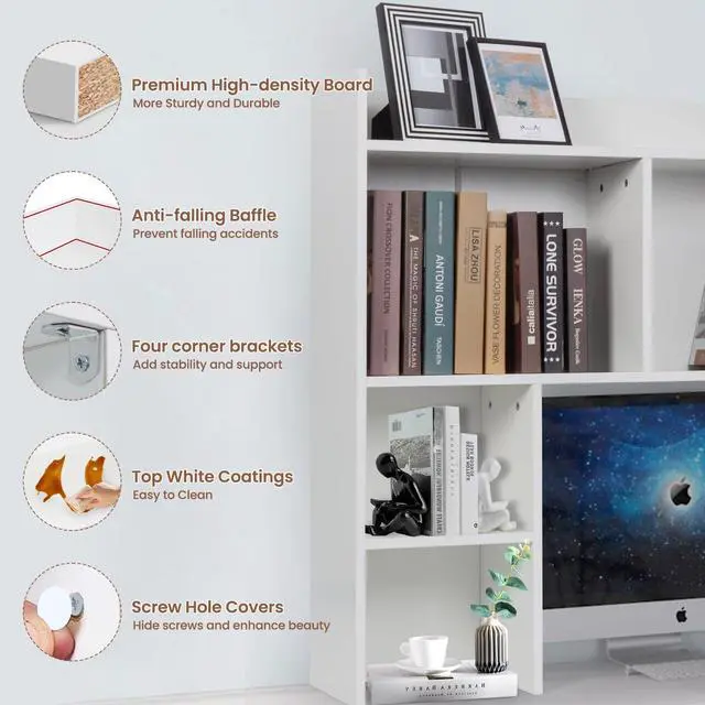 Alt view image 4 of 6 - Desktop Bookshelf 36" Tall, White Desk Hutch for Dorm Computer Desk, 4-Tire Wood Desk Shelf Storage Organizer for Office Home