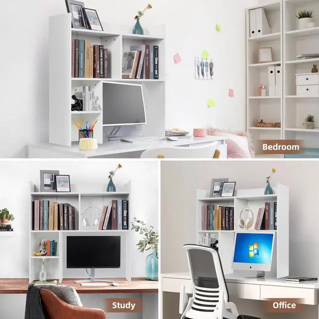 Alt view image 6 of 6 - Desktop Bookshelf 36" Tall, White Desk Hutch for Dorm Computer Desk, 4-Tire Wood Desk Shelf Storage Organizer for Office Home