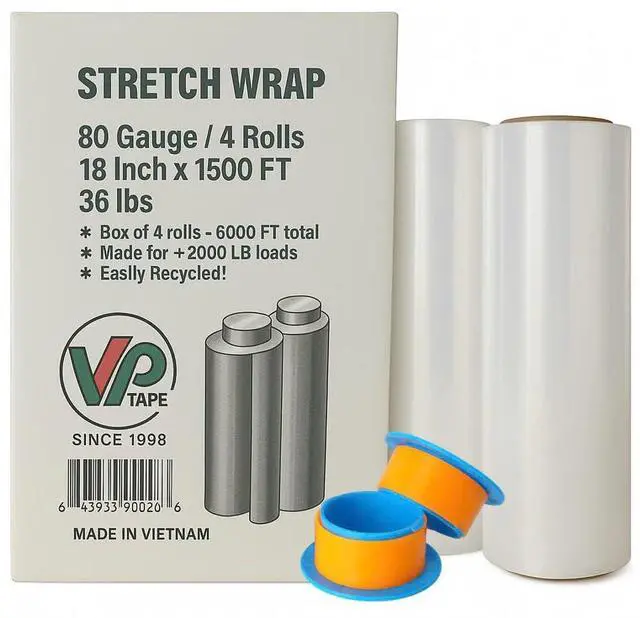 Main image of 18" Stretch Film/Wrap 1500 feet 80 Gauge Industrial, Clear Packing Moving Packaging Heavy Duty Shrink Film Box of 4 (4 Rolls)- Wrap Holder Included
