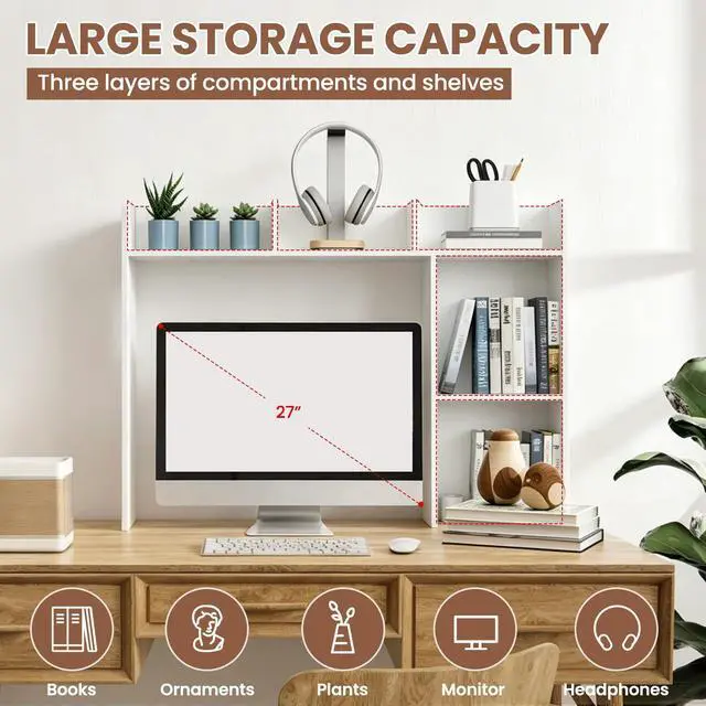 Alt view image 3 of 7 - Desk Hutch Dorm White, 3-Tire Wood Desk Shelf Storage Organizer for Office Home