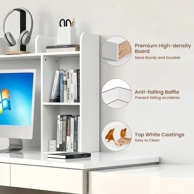 Alt view image 4 of 7 - Desk Hutch Dorm White, 3-Tire Wood Desk Shelf Storage Organizer for Office Home