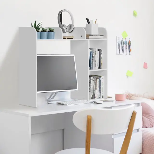 Alt view image 7 of 7 - Desk Hutch Dorm White, 3-Tire Wood Desk Shelf Storage Organizer for Office Home