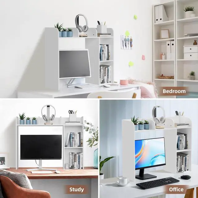 Alt view image 6 of 7 - Desk Hutch Dorm White, 3-Tire Wood Desk Shelf Storage Organizer for Office Home