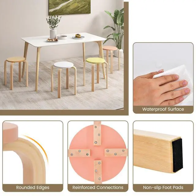 Alt view image 6 of 7 - Bentwood Stackable Stools Set of 4, 18" Round Stacking Backless Nesting Stools, School Chairs, Flexible Seating for Classroom Elementary, Students, Adults, Kitchen, Dining Room