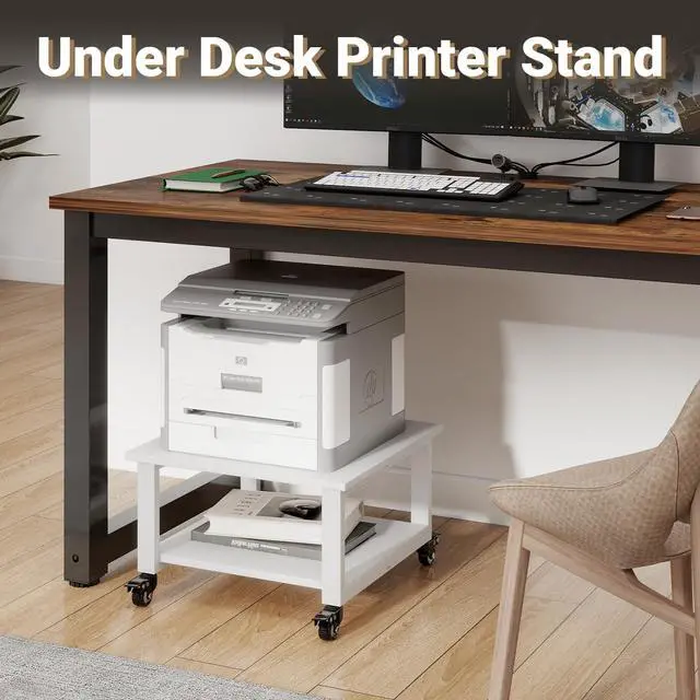 Alt view image 5 of 7 - 2 Tier Laser Printer Stand,20''x20'' Under Desk Printer Cart, White | Large Printer Table Copier Stand with Wheels, Stand for Heavy Printers,Thickened Steel Tube,Supports 200lbs,for Home Office