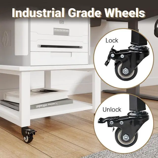 Alt view image 6 of 7 - 2 Tier Laser Printer Stand,20''x20'' Under Desk Printer Cart, White | Large Printer Table Copier Stand with Wheels, Stand for Heavy Printers,Thickened Steel Tube,Supports 200lbs,for Home Office