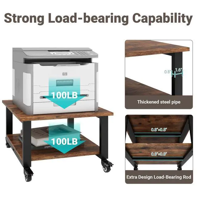 Alt view image 4 of 7 - 2 Tier Laser Printer Stand,20''x20'' Under Desk Printer Cart, Retro | Large Printer Table Copier Stand with Wheels, Stand for Heavy Printers,Thickened Steel Tube,Supports 200lbs,for Home Office