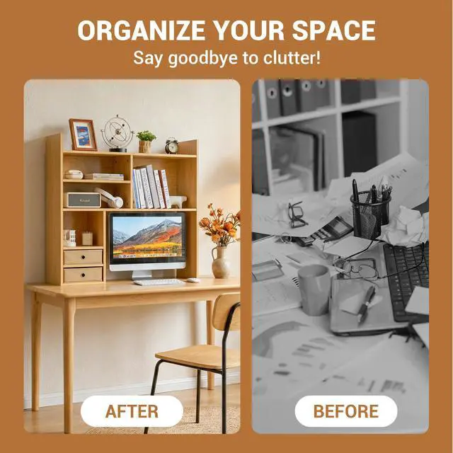 Alt view image 6 of 7 - Desktop Bookshelf, High-Capacity Desk Hutch Organizer with 7 Shelves and 2 Drawers for Computer Desk, Desk Shelf Organizer for Dorm Office Home, Natural