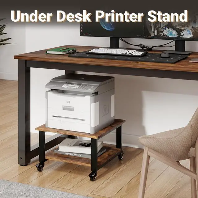 Alt view image 5 of 7 - 2 Tier Laser Printer Stand,20''x20'' Under Desk Printer Cart, Retro | Large Printer Table Copier Stand with Wheels, Stand for Heavy Printers,Thickened Steel Tube,Supports 200lbs,for Home Office