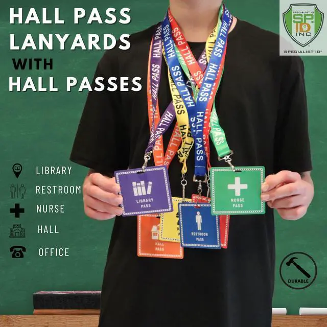 Alt view image 2 of 7 - Bulk 36 Pack - Student Hall Pass Lanyards with Unbreakable Card Passes & Safety Breakaway Lanyards (Hall, Bathroom, Library, Office & Nurse) - Classroom/School Supplies for Teachers by