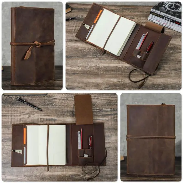 Alt view image 3 of 7 - Top Grain Genuine Leather Customizable Travel Notebook Cover for Man & Woman, Handmade, Leather Refillable Journal Cover Fits A5 Size Notebook/Paper/Pen/Stationeries/Cards/Tickets, Coffee