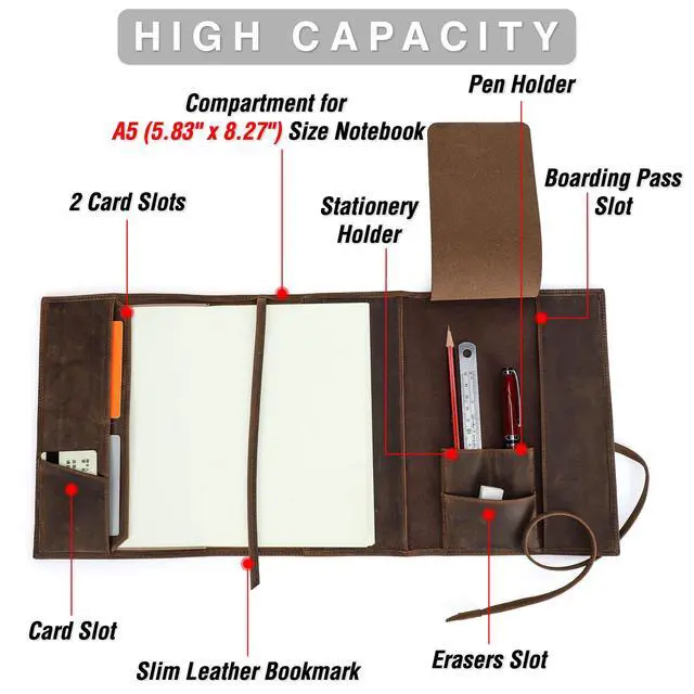 Alt view image 6 of 7 - Top Grain Genuine Leather Customizable Travel Notebook Cover for Man & Woman, Handmade, Leather Refillable Journal Cover Fits A5 Size Notebook/Paper/Pen/Stationeries/Cards/Tickets, Coffee