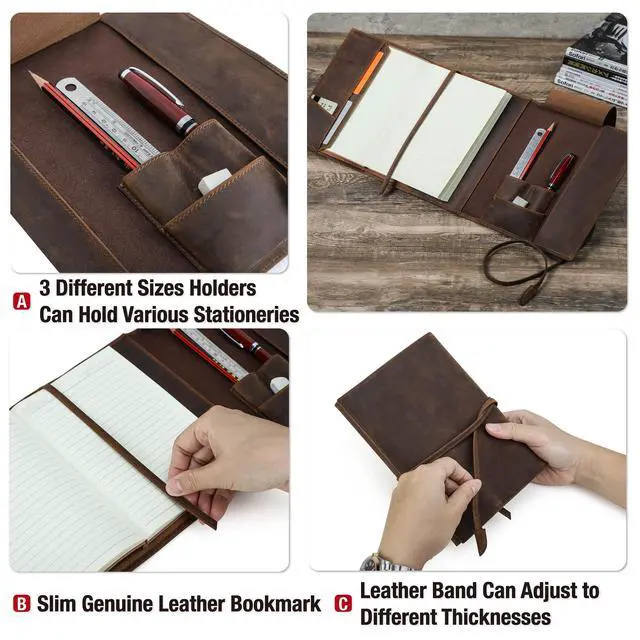 Alt view image 7 of 7 - Top Grain Genuine Leather Customizable Travel Notebook Cover for Man & Woman, Handmade, Leather Refillable Journal Cover Fits A5 Size Notebook/Paper/Pen/Stationeries/Cards/Tickets, Coffee