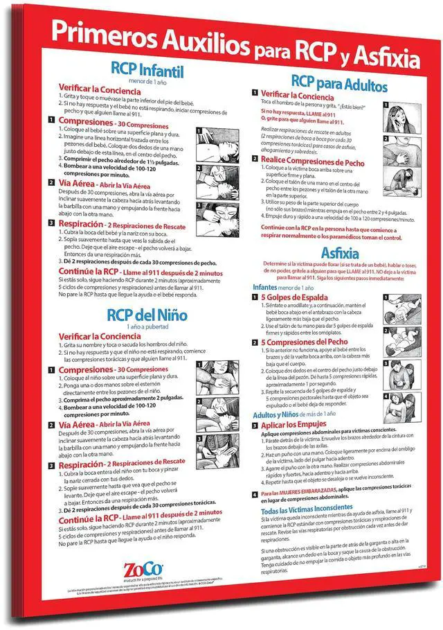 Main image of ZOCO Spanish CPR and Choking Poster (10-Pack) First Aid Instructions Spanish for Infant, Child, Adult Laminated 17x22 Restaurant Compliance Sign, Workplace & School Safety Chart
