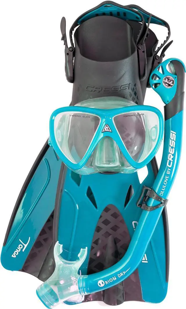 Main image of Adult Complete Snorkeling Set (Mask, Dry Snorkel, Adjustable Fins) - Lightweight Traveling Equipment - Tonga Pro Dry Set: Designed in Italy
