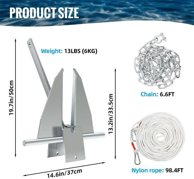 Alt view image 3 of 7 - Boat Anchor Kit,Fluke Style Anchor,Hot-Dipped Galvanized Steel, Kit Includes Galvanized Fluke Anchor, Anchor Chain,Rope, Shackles,Boat Anchors for 15'-23' Boats Boats