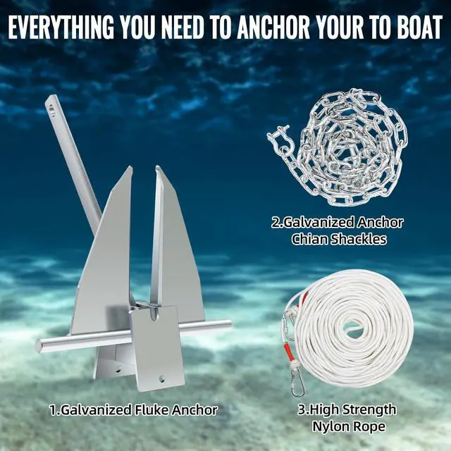Alt view image 4 of 7 - Boat Anchor Kit,Fluke Style Anchor,Hot-Dipped Galvanized Steel, Kit Includes Galvanized Fluke Anchor, Anchor Chain,Rope, Shackles,Boat Anchors for 15'-23' Boats Boats