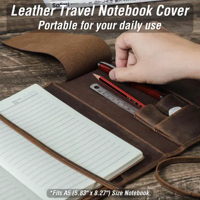 Alt view image 4 of 7 - Top Grain Genuine Leather Customizable Travel Notebook Cover for Man & Woman, Handmade, Leather Refillable Journal Cover Fits A5 Size Notebook/Paper/Pen/Stationeries/Cards/Tickets, Coffee