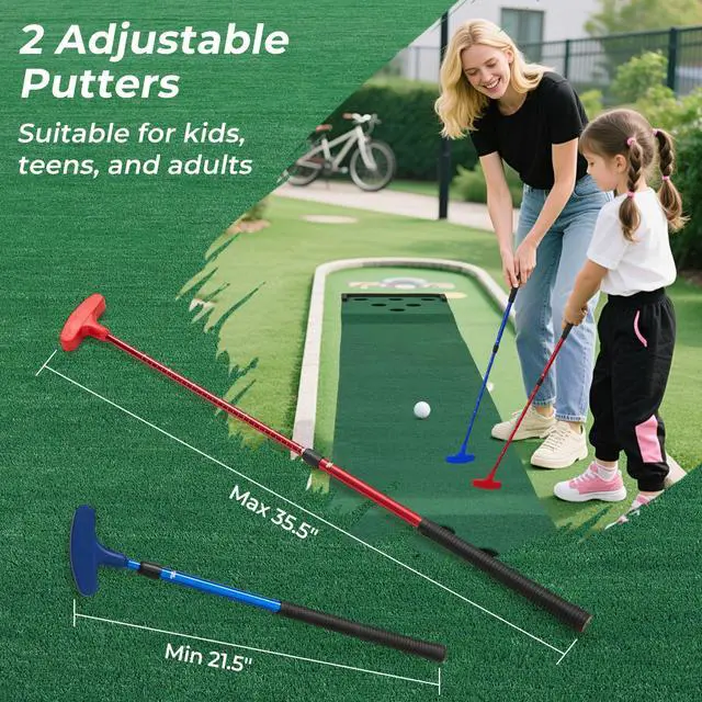 Alt view image 3 of 7 - 11 FT Golf Putting Game Set, Indoor Outdoor Putting Green Mat with 2 Adjustable Putters, 6 Balls & 12 Holes for Party, Backyard, Home & Office, Golf Practice Training Mat
