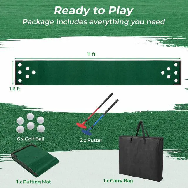 Alt view image 4 of 7 - 11 FT Golf Putting Game Set, Indoor Outdoor Putting Green Mat with 2 Adjustable Putters, 6 Balls & 12 Holes for Party, Backyard, Home & Office, Golf Practice Training Mat