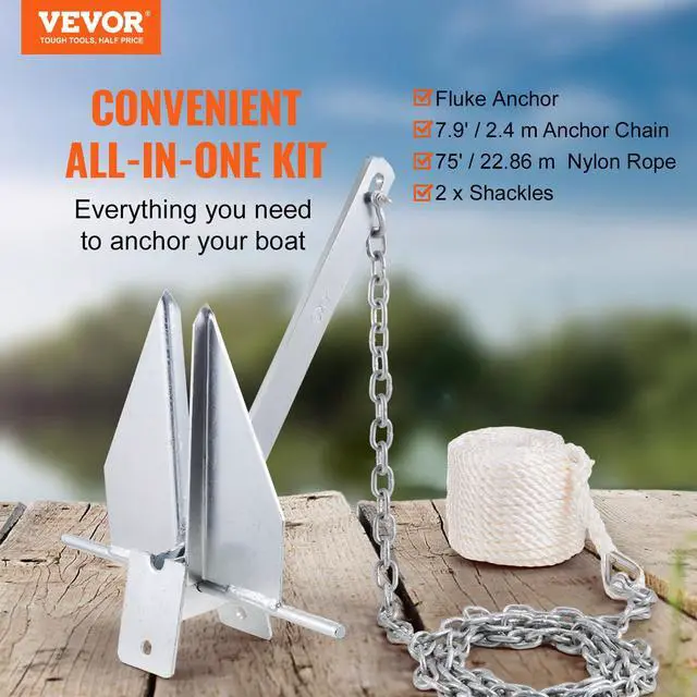 Alt view image 2 of 7 - Fluke Style Anchor Kit,Hot-Dipped Galvanized Steel Fluke Anchor with 7.9' Chain