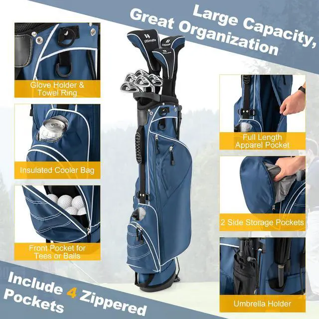 Alt view image 2 of 7 - Golf Stand Bag with 4-Way Top Dividers, Portable Ergonomic Golf Bag with 4 Zippered Pockets, Cooler Bag, Rain Hood and Dual Strap System, 3.5 LBS Lightweight for Men&Women