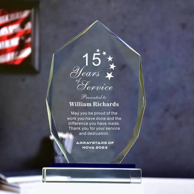 Alt view image 3 of 7 - Personalized 9 Glass Plaque with Glass Base, Crystal Clear Trophy with Engraved with Names, Appreciation Messages and Company Logo, Customized Gift Award for Retirement Employee, Manager, Boss