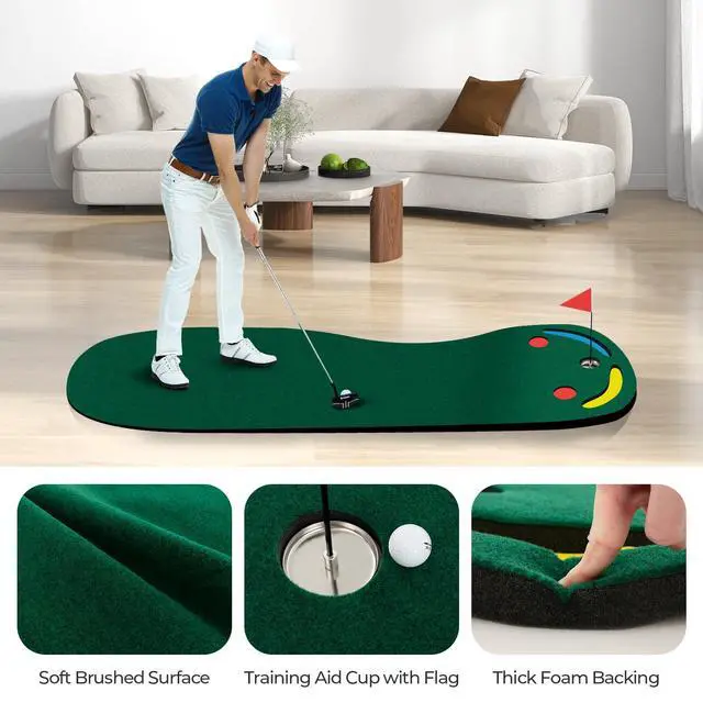 Alt view image 2 of 7 - Par Three Golf Putting Green 9.8 ft x 3 ft, Golf Practice Mat w/ 3 Putting Cups, 1 Flag and Golf Hole Covers, Golf Putting Mat for Indoor Outdoor