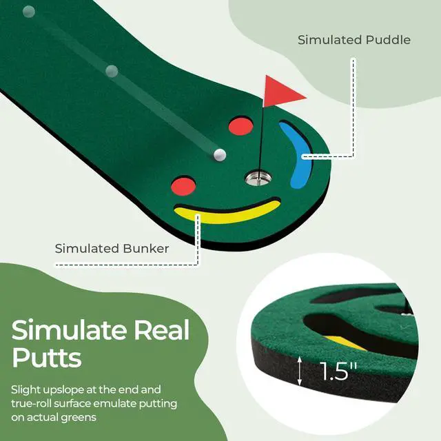 Alt view image 4 of 7 - Par Three Golf Putting Green 9.8 ft x 3 ft, Golf Practice Mat w/ 3 Putting Cups, 1 Flag and Golf Hole Covers, Golf Putting Mat for Indoor Outdoor