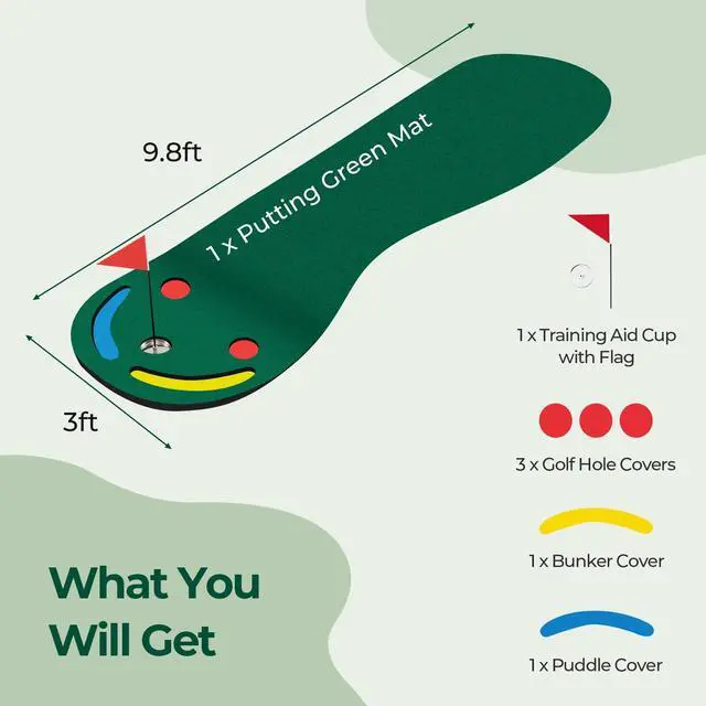 Alt view image 7 of 7 - Par Three Golf Putting Green 9.8 ft x 3 ft, Golf Practice Mat w/ 3 Putting Cups, 1 Flag and Golf Hole Covers, Golf Putting Mat for Indoor Outdoor