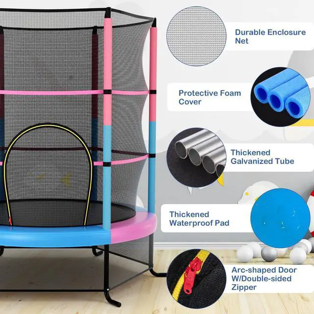 Alt view image 2 of 7 - 55'' Mini Kids Trampoline With Safety Enclosure Net, ASTM Approved, No-Gap Safe Design, Easy to Assemble 4.6 Ft Outdoor Indoor Small Toddler
