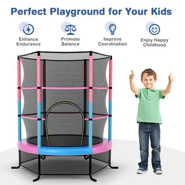 Alt view image 5 of 7 - 55'' Mini Kids Trampoline With Safety Enclosure Net, ASTM Approved, No-Gap Safe Design, Easy to Assemble 4.6 Ft Outdoor Indoor Small Toddler