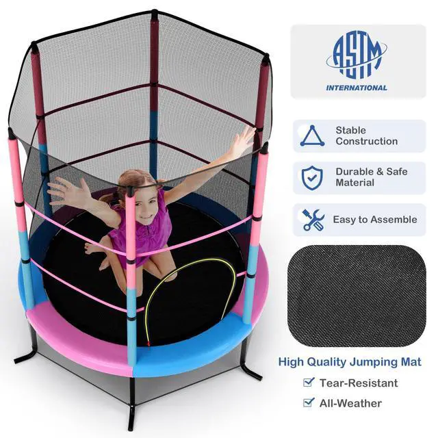 Alt view image 6 of 7 - 55'' Mini Kids Trampoline With Safety Enclosure Net, ASTM Approved, No-Gap Safe Design, Easy to Assemble 4.6 Ft Outdoor Indoor Small Toddler