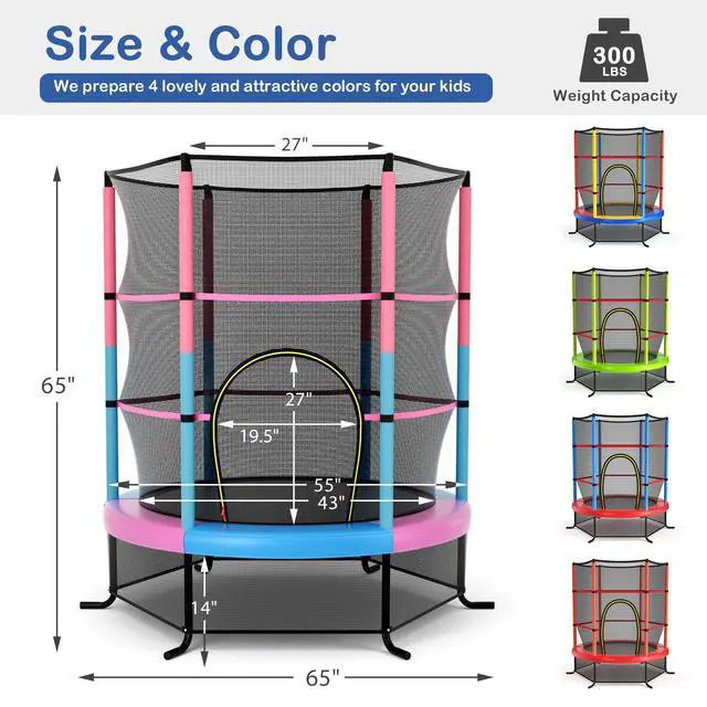 Alt view image 7 of 7 - 55'' Mini Kids Trampoline With Safety Enclosure Net, ASTM Approved, No-Gap Safe Design, Easy to Assemble 4.6 Ft Outdoor Indoor Small Toddler