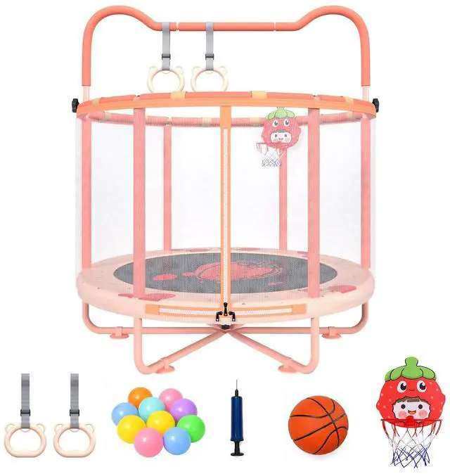 Main image of 60" Indoor Trampoline for Kids, Toddler Trampoline with Enclosure Net & Gymnastics Bar, Safe No-Gap Mini Trampoline for Toddlers 1-3 2-5, Pink Strawberry Jumping Toys Gift